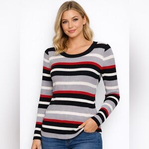 Striped Black, Gray, and Red Sweater